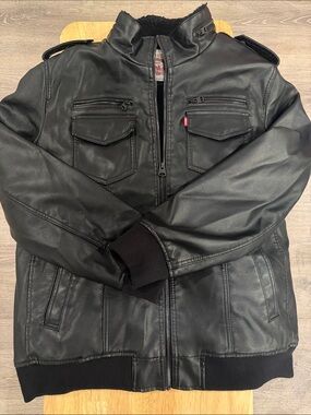 Levi's Black Faux Leather Bomber Jacket with Ribbed Trim